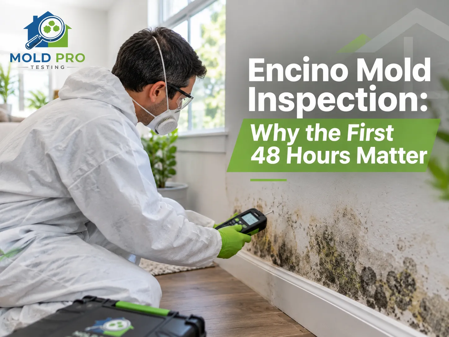 Mold inspection technician examining mold and moisture damage in an Encino home.